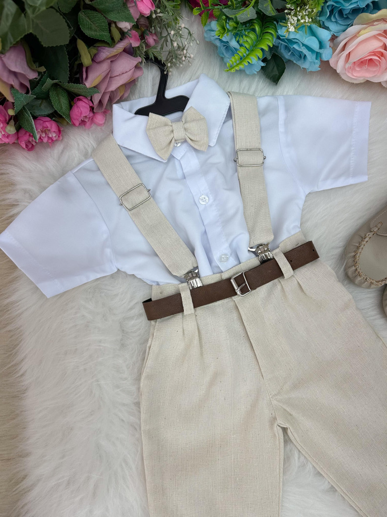 Conjunto Miss Cherry Suspensorio Luiz Linho Bege