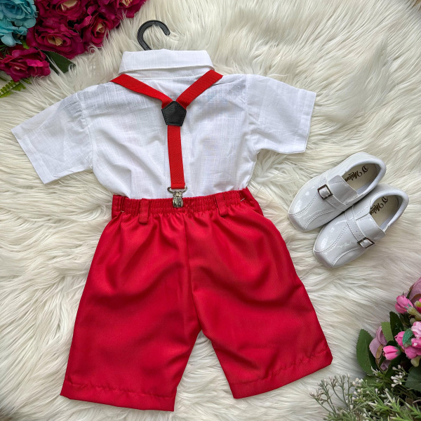 Conjunto Miss Cherry Henry Camisa Branca Suspensório Vermelho Modelo 2
