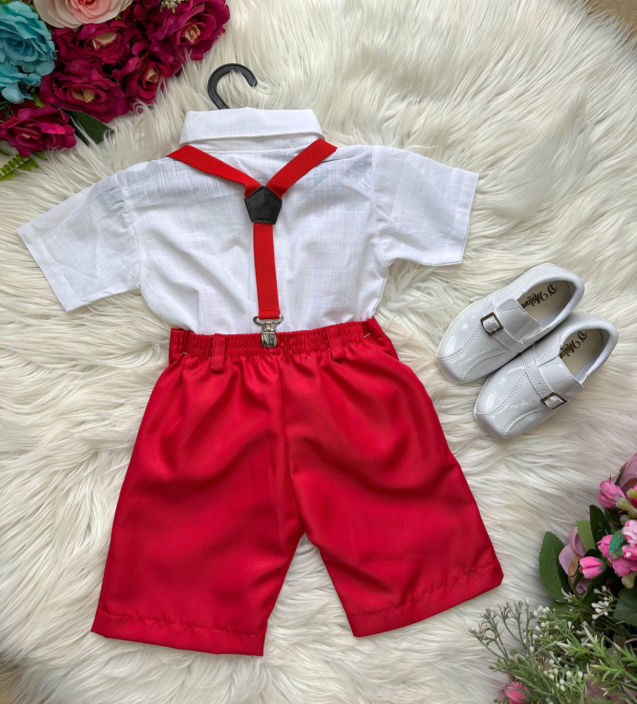 Conjunto Miss Cherry Henry Camisa Branca Suspensório Vermelho Modelo 2