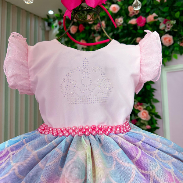 Vestido Ysa Kids Tematico Sereia – Fundo do Mar Rosa