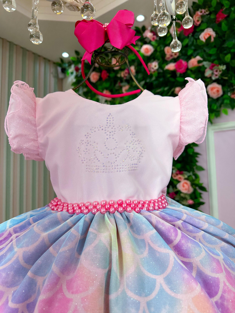 Vestido Ysa Kids Tematico Sereia – Fundo do Mar Rosa