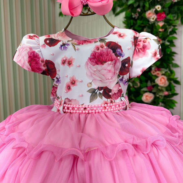 Vestido Menina Bonita Gisele Peito Florido Rosa Chiclete