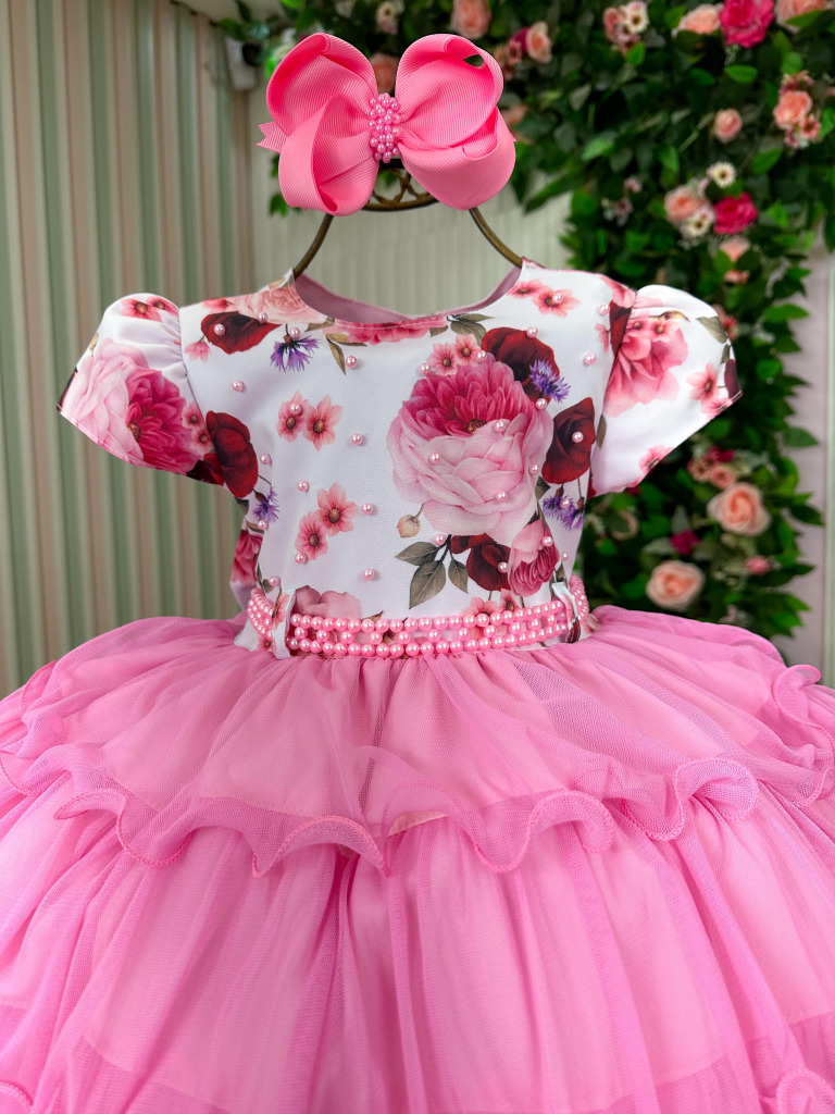 Vestido Menina Bonita Gisele Peito Florido Rosa Chiclete
