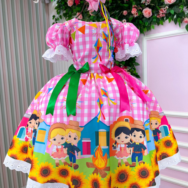 Vestido Marie Junino Luxo Arraia Do Sorriso Rosa