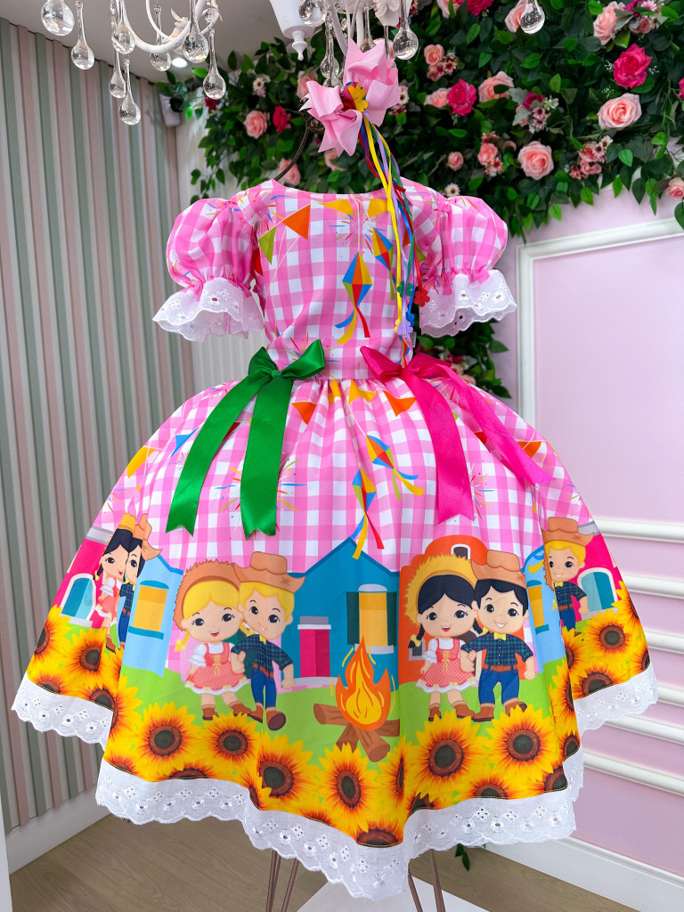 Vestido Marie Junino Luxo Arraia Do Sorriso Rosa