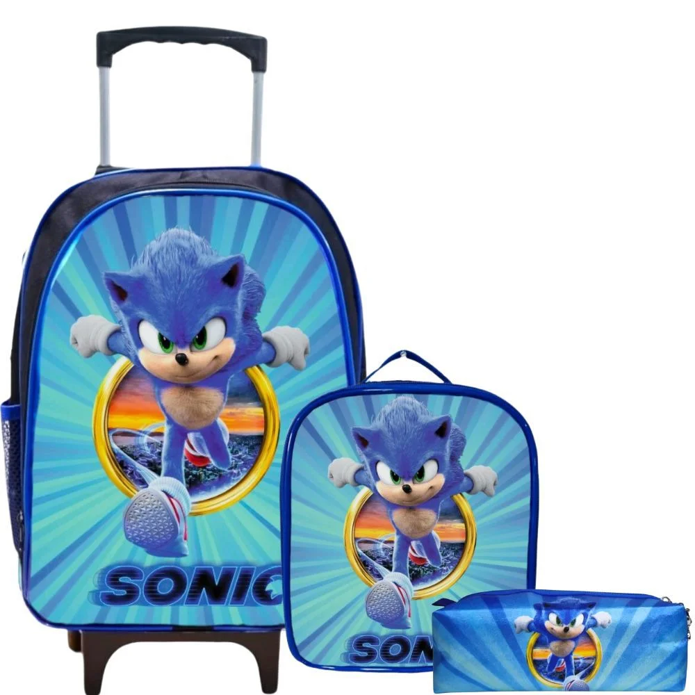 Kit Mochila Rodinhas + Lancheira + Estojo Sonic