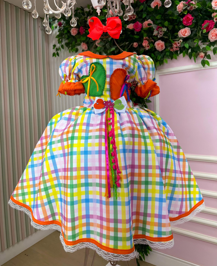 Vestido Marie Junino Luxo Dois Corações Laranja