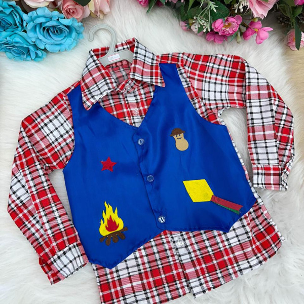Camisa Junina Xadrez São João Colete Azul