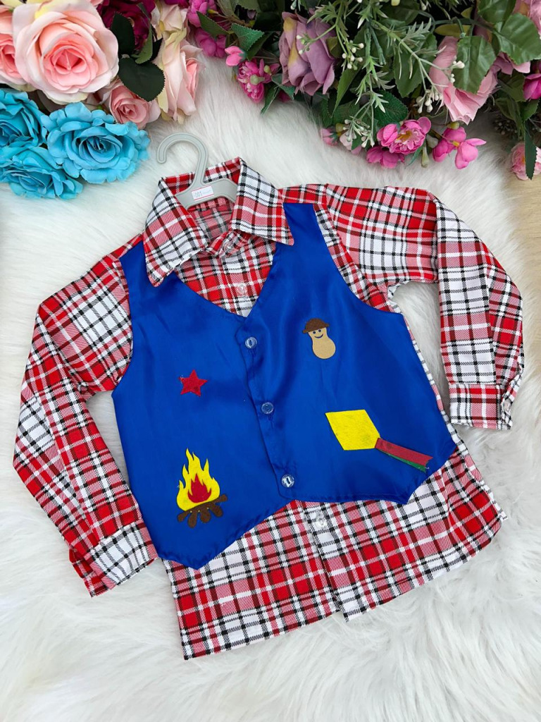 Camisa Junina Xadrez São João Colete Azul