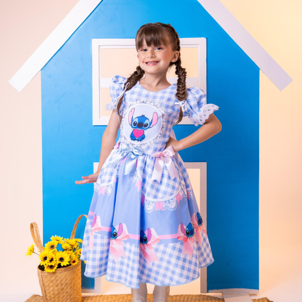 Vestido Junino Tematico Luxo Lilo Stitch Azul Bebe