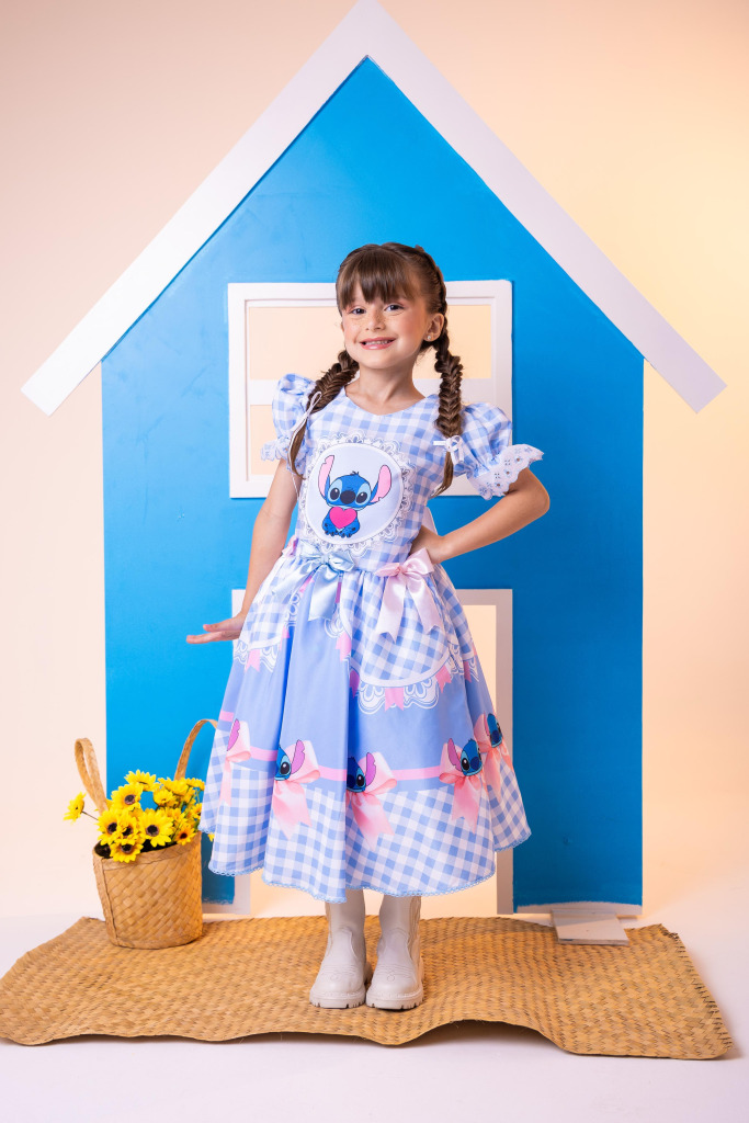 Vestido Junino Tematico Luxo Lilo Stitch Azul Bebe