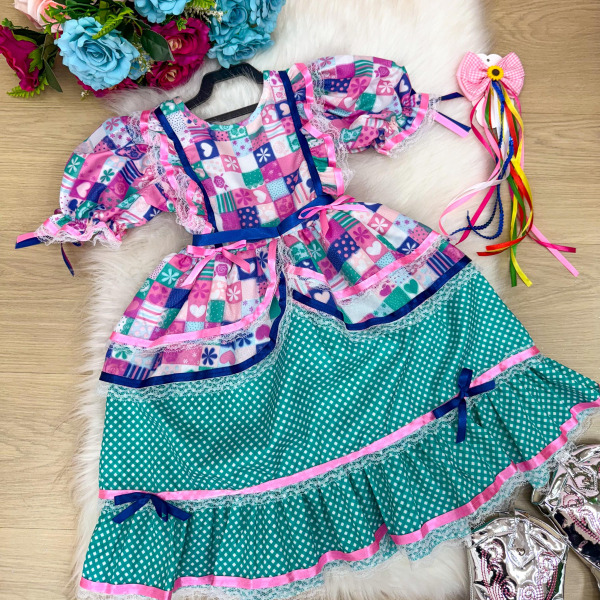Vestido Bella Child Junino Celebração Caipira Verde Tiffany