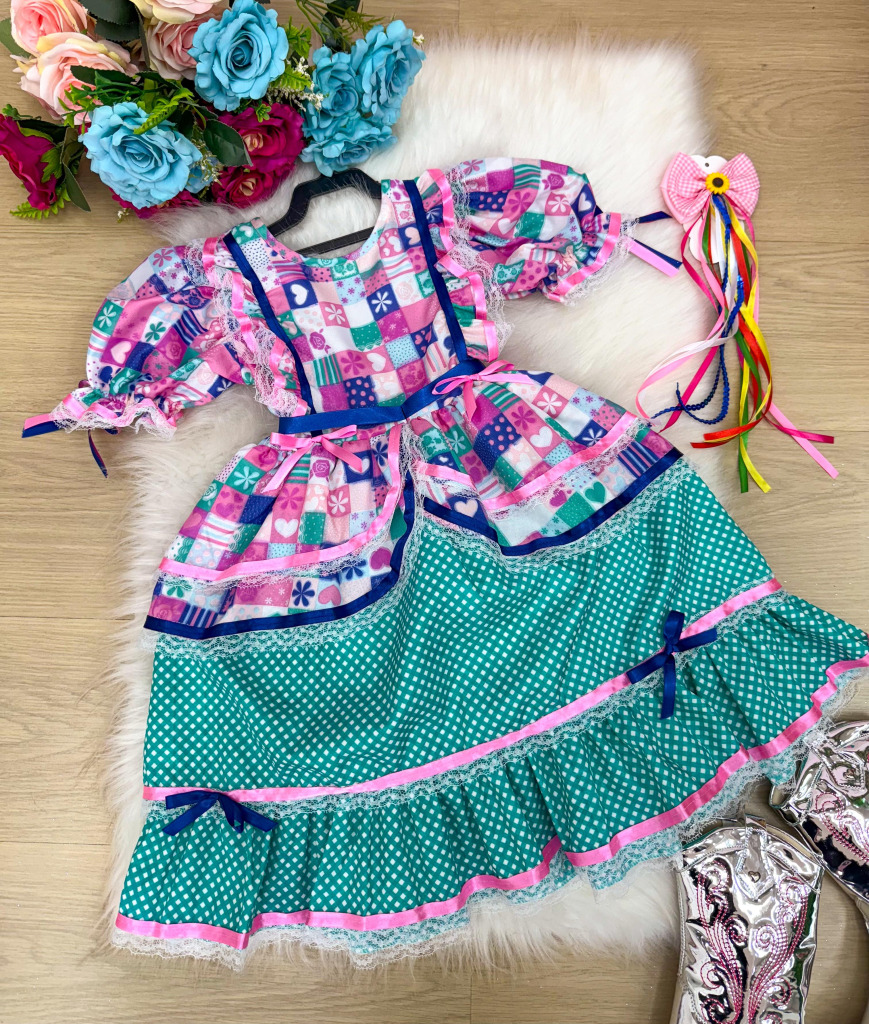 Vestido Bella Child Junino Celebração Caipira Verde Tiffany
