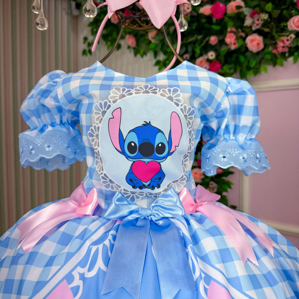 Vestido Junino Tematico Luxo Lilo Stitch Azul Bebe Modelo 2