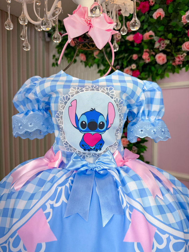 Vestido Junino Tematico Luxo Lilo Stitch Azul Bebe Modelo 2