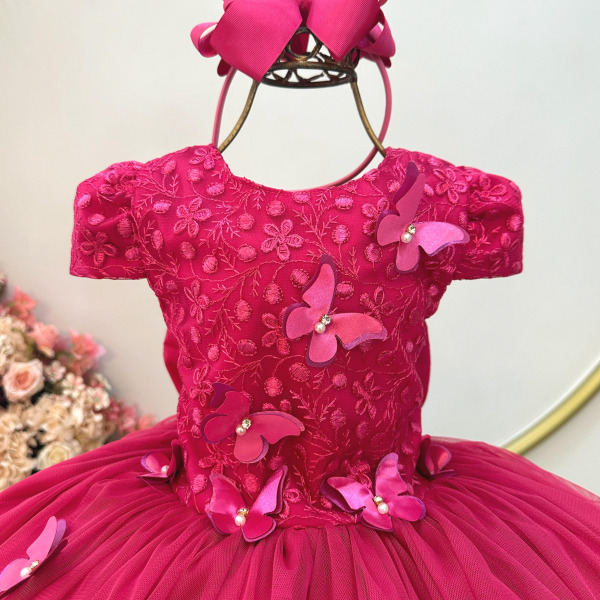 Vestido Infantil Pink C/ Apliques Flores e Borboletas Festas