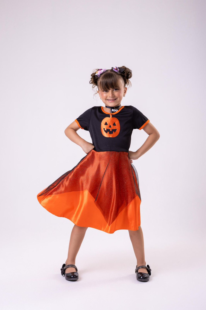 Fantasia Halloween Menina Bruxinha Abóbora Laranja