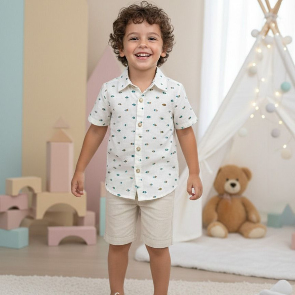 Conjunto Meninos Lucas Henrique Banana Club Shorts Linho Camisa Off