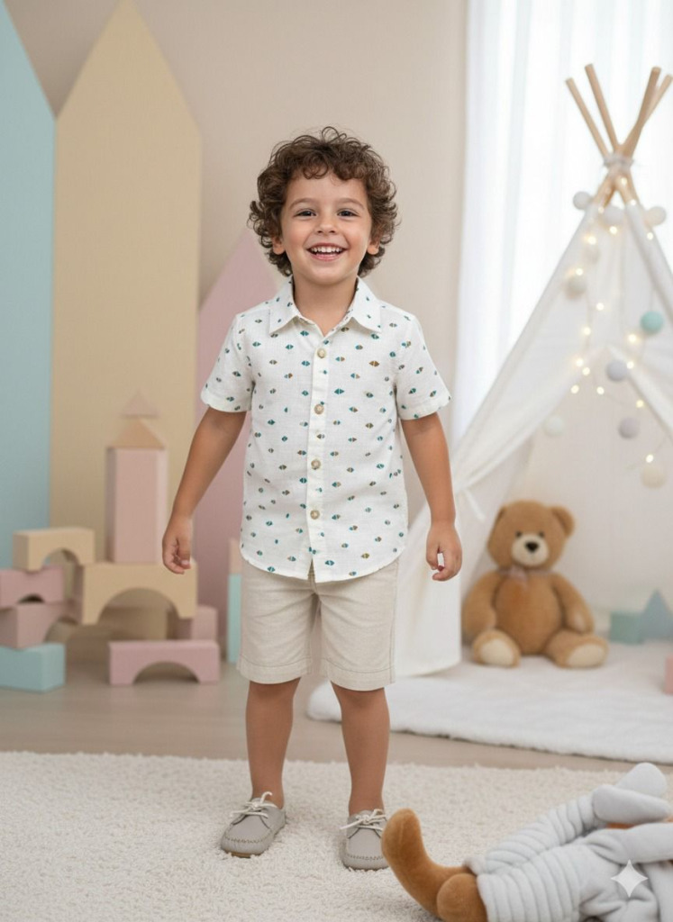 Conjunto Meninos Lucas Henrique Banana Club Shorts Linho Camisa Off