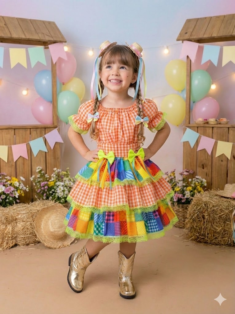Vestido Junino Banana Club Luxo Quermesse do Sertão Laranja
