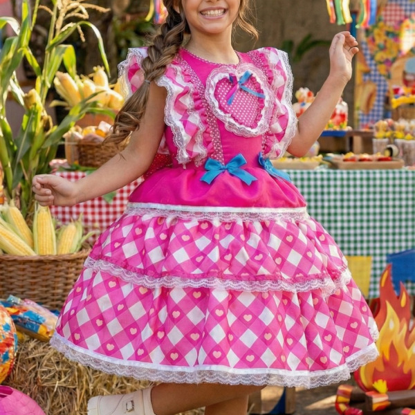Vestido Bella Child Junino Quermesse do Coração Pink