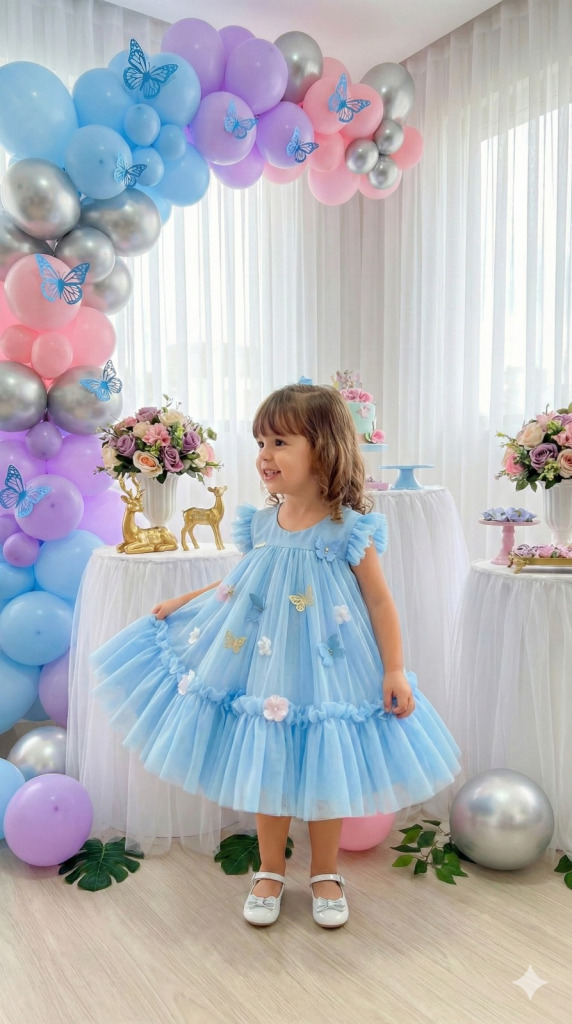 Vestido Vila Lele Jardim das Borboletas Baby Liz Azul Bebe