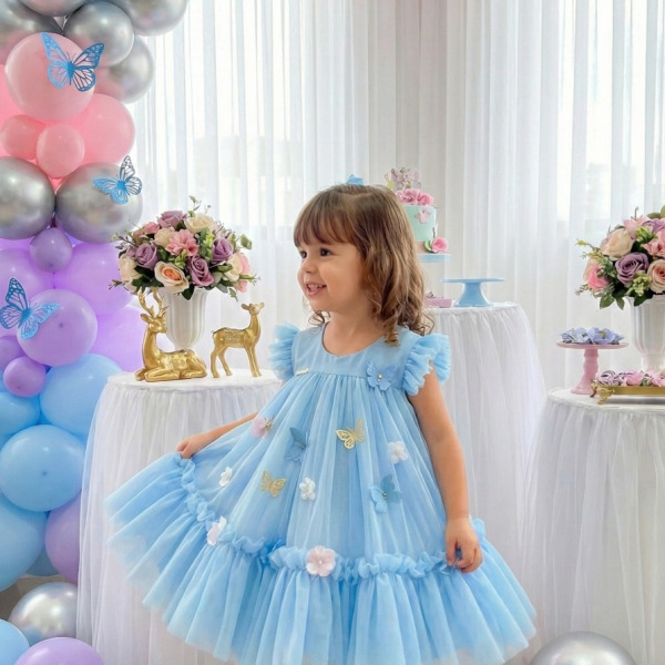 Vestido Vila Lele Jardim das Borboletas Baby Liz Azul Bebe