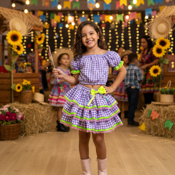 Conjunto Junino Banana Club Luxo Sofia Xadrez Lilas
