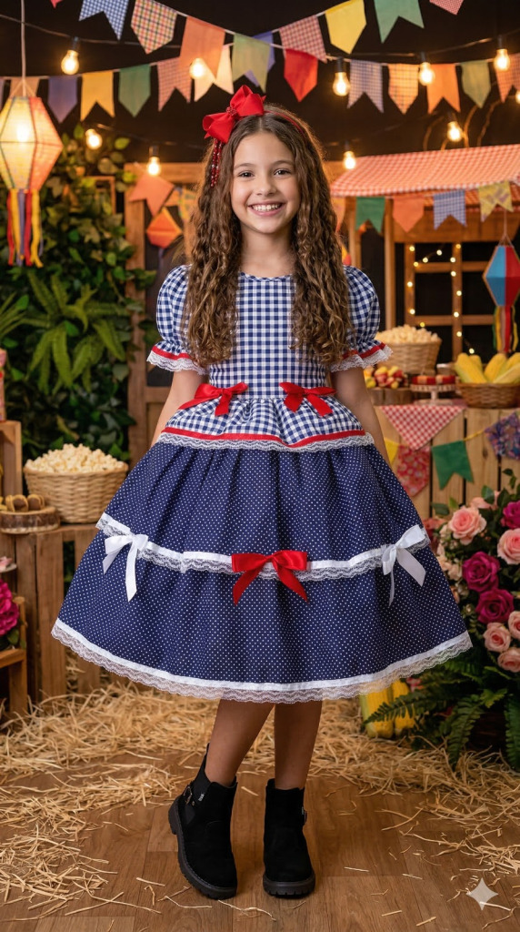 Vestido Junino Mimadine Luxo Stefanny Azul Marinho