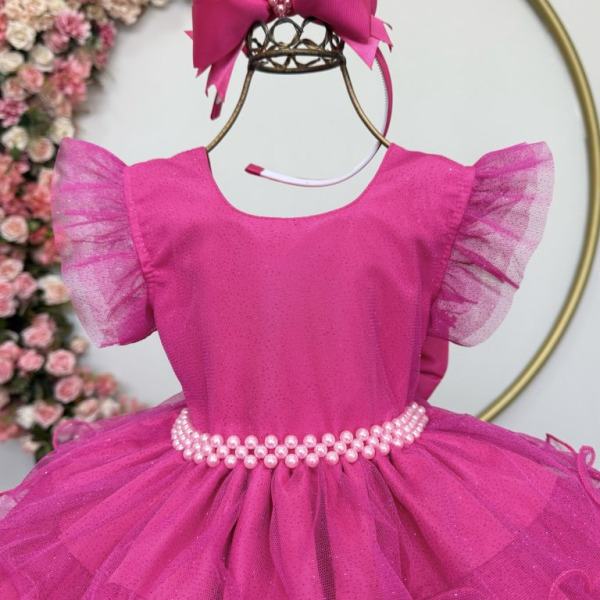 Vestido Infantil Pìnk Saia C/ Babados e Glitter Daminhas