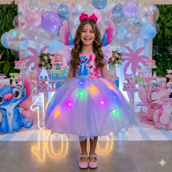 Vestido Tematicos Ysa Kids Lilo Stitch Rosa Bebe com Led