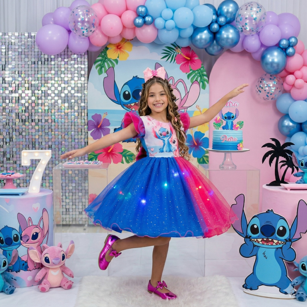 Vestido Tematicos Ysa Kids Lilo Stitch Pink e Azul com Led