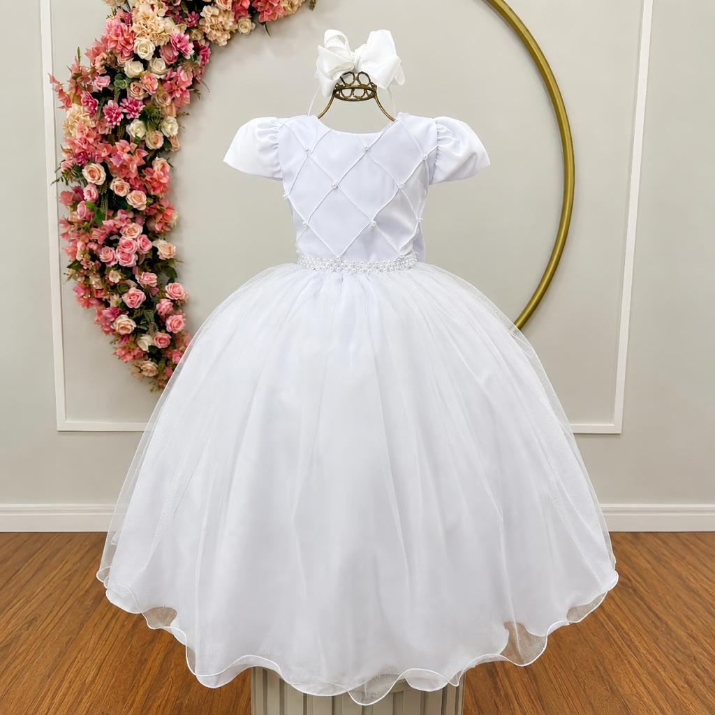 Vestido Infantil Longo Branco Tule Glitter Busto Nervura Festa Daminha