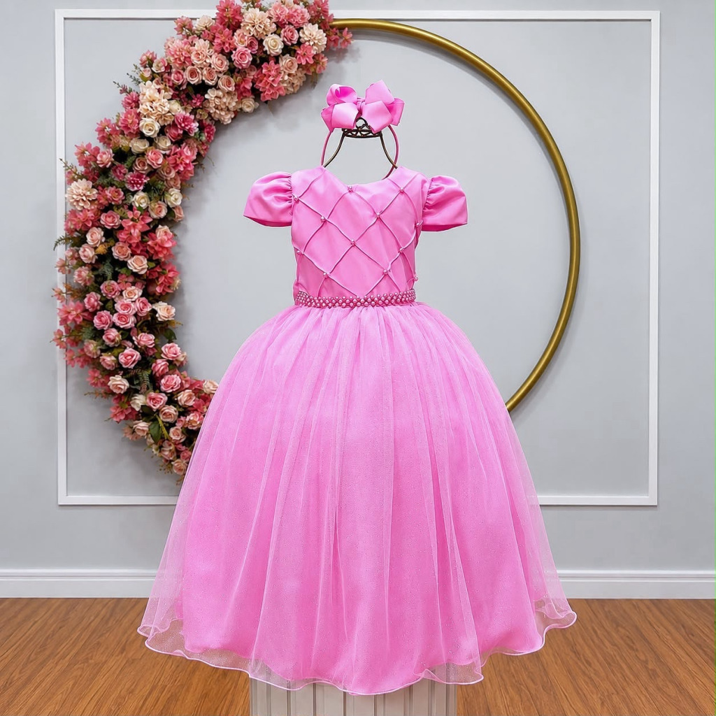 Vestido Infantil Longo Rosa Chiclete Glitter Busto Nervura Festa Daminha