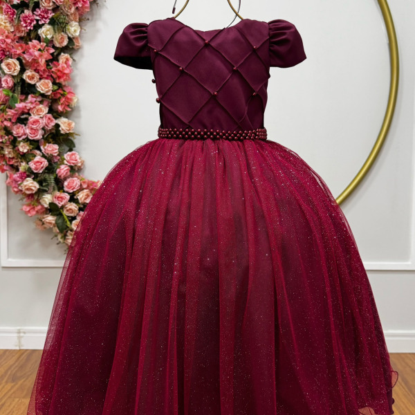 Vestido Infantil Longo Marsala Glitter Busto Nervura Festa Daminha