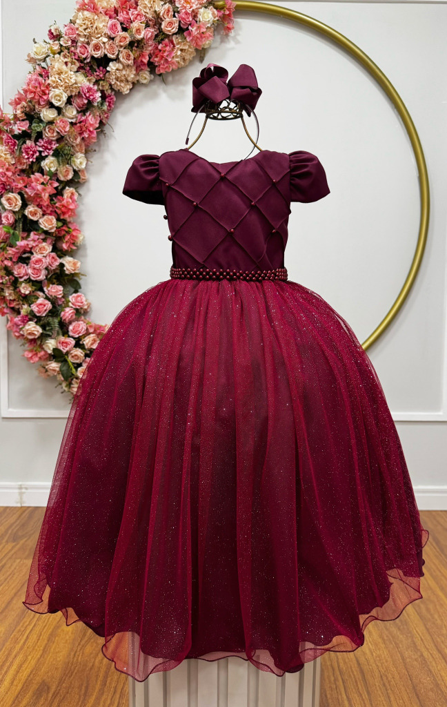 Vestido Infantil Longo Marsala Glitter Busto Nervura Festa Daminha