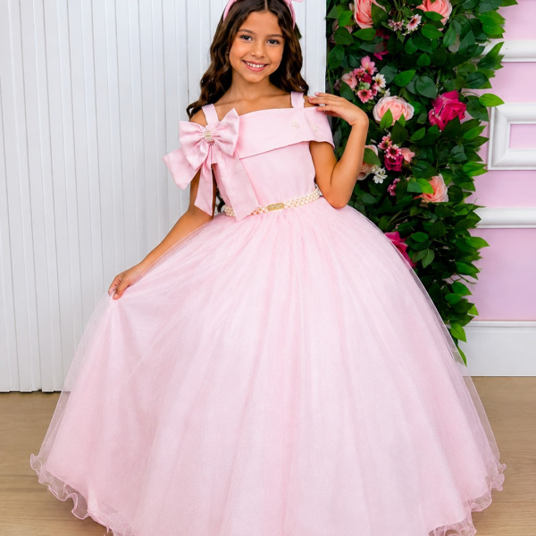 Vestido Banana Club Longo Doce Elegancia Rosa Bebe
