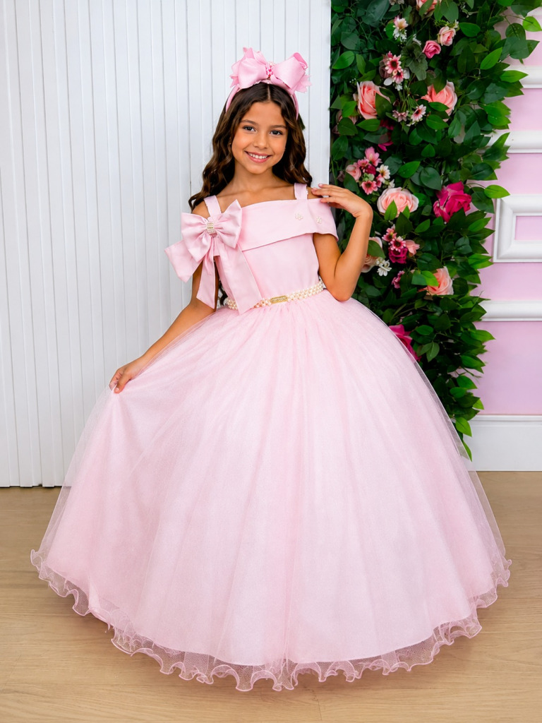 Vestido Banana Club Longo Doce Elegancia Rosa Bebe