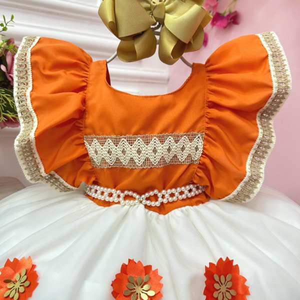 Vestido Infantil Moana Laranja Com Apliques de Flores Festas