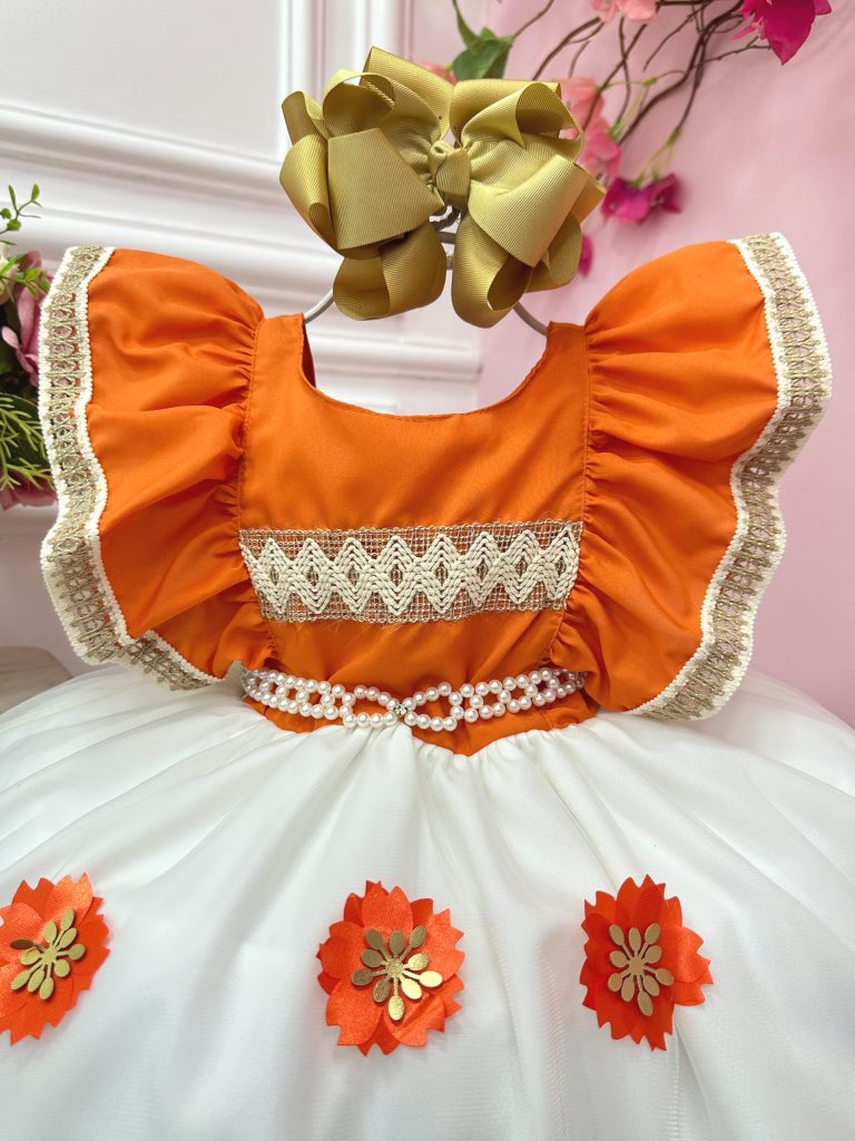 Vestido Infantil Moana Laranja Com Apliques de Flores Festas